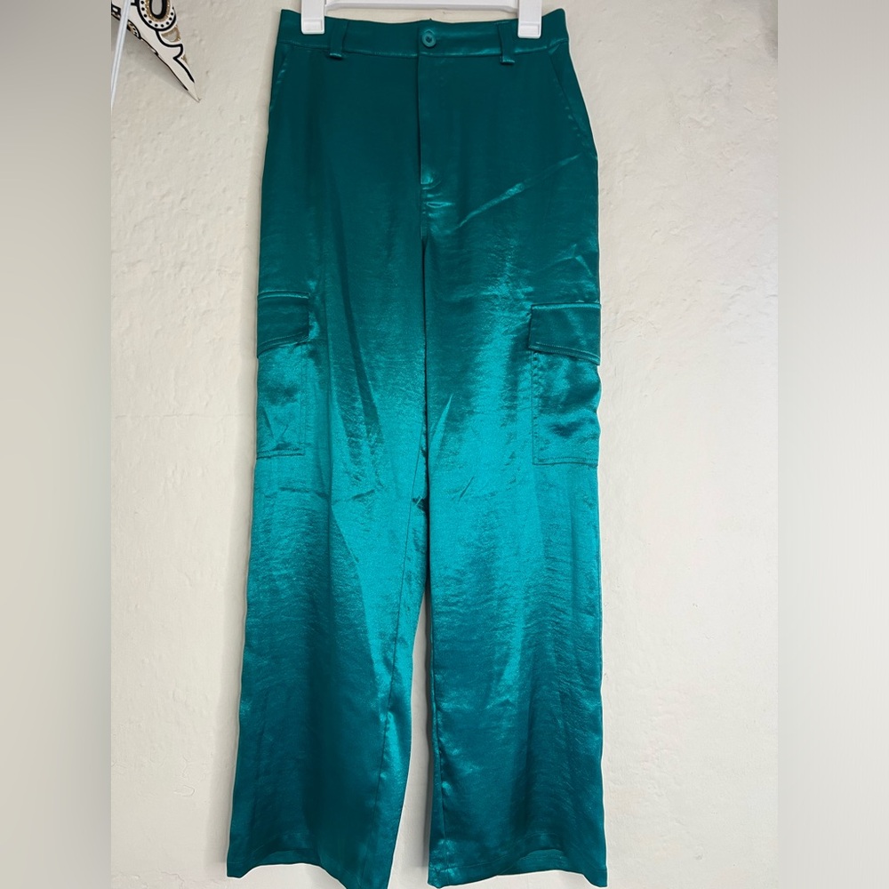 Satin Teal Wide-Leg Pants